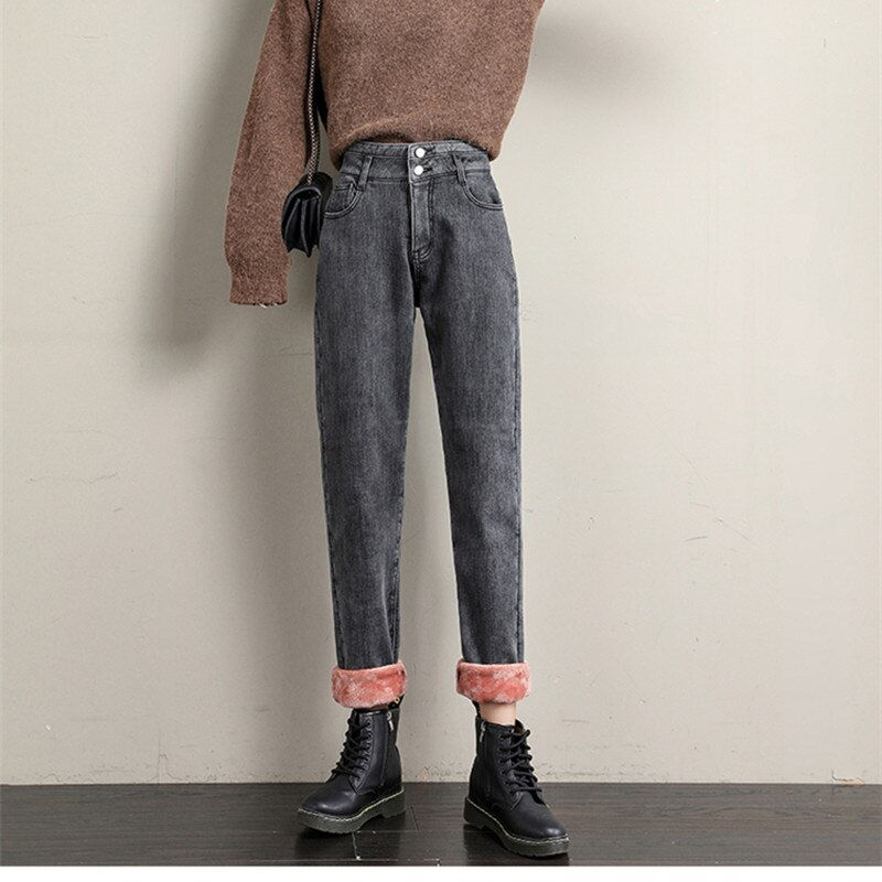 Thumbnail: New Winter Women Fleece Jeans High Waist Velvet Thickening Keep Warm Loose