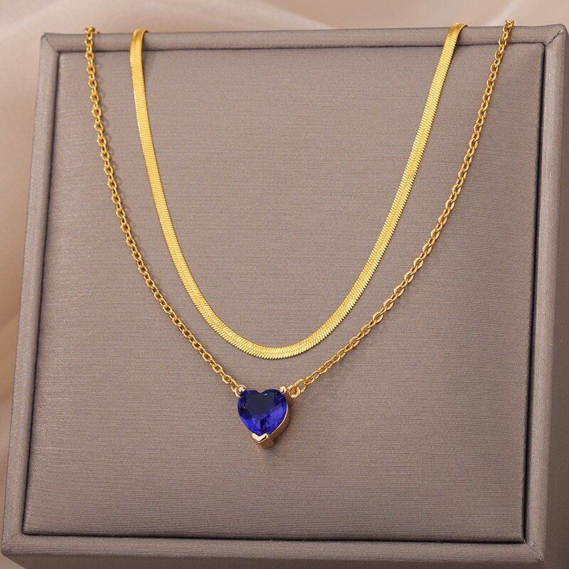 Hình thu nhỏ: Multilayer Transparent Blue Love Heart Zircon Pendant Stacked Chain Necklace