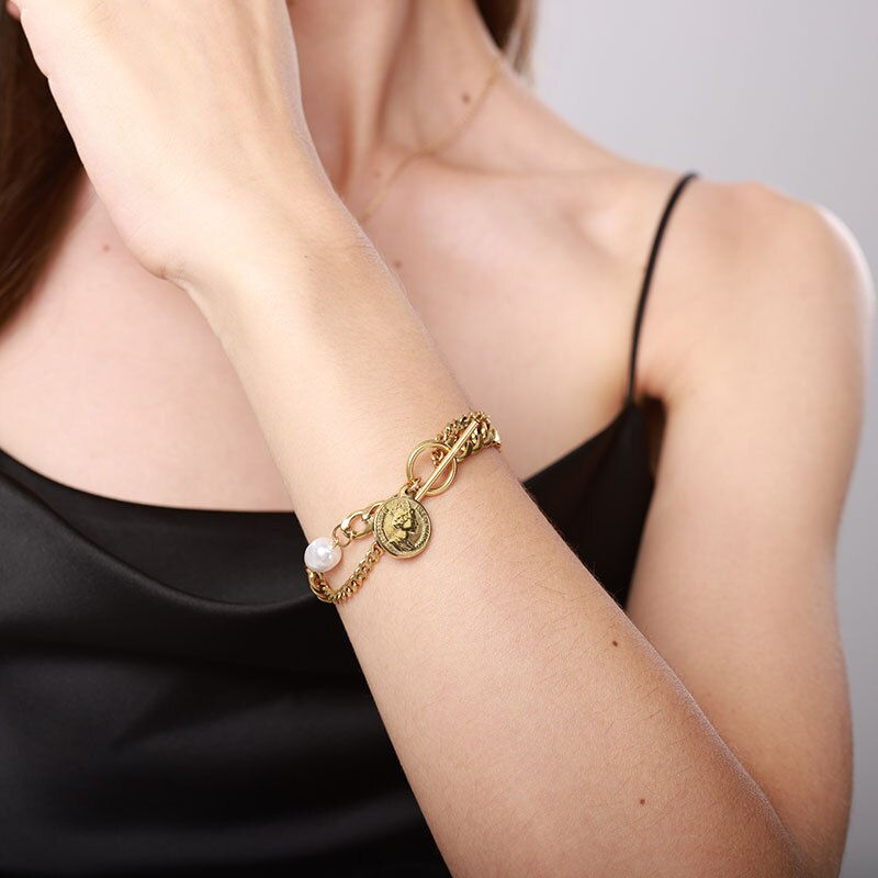 Thumbnail: Retro Punk Devil's Eye Stainless Steel Layered Gold Color Pendant Bracelet For