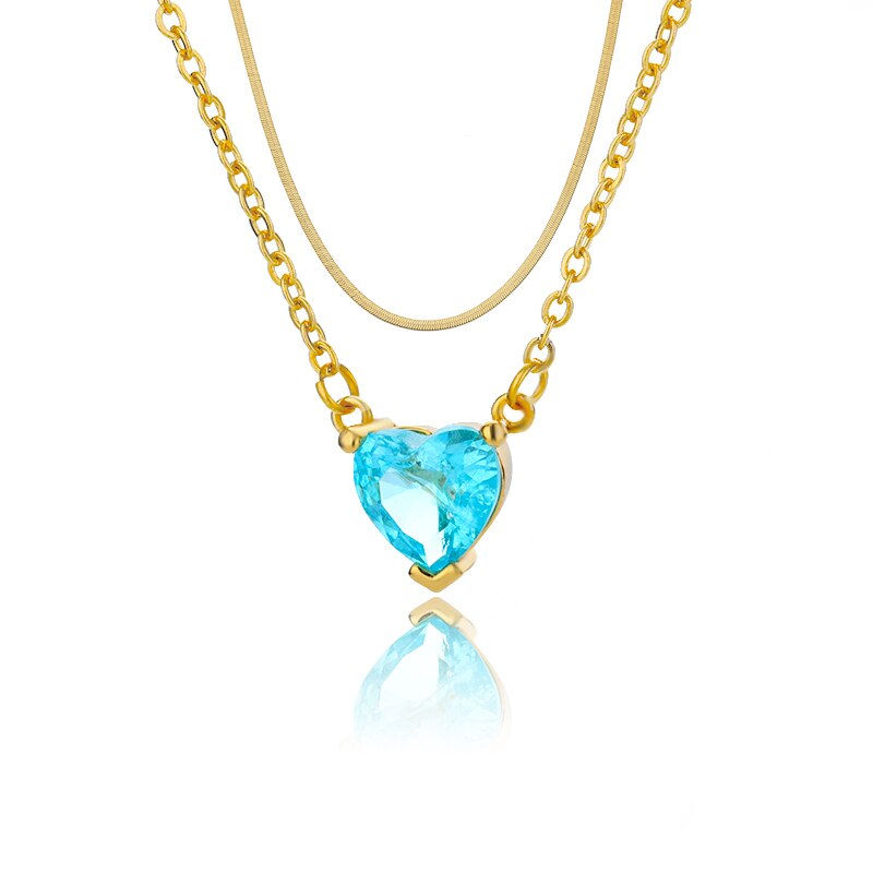 Hình thu nhỏ: Multilayer Transparent Blue Love Heart Zircon Pendant Stacked Chain Necklace