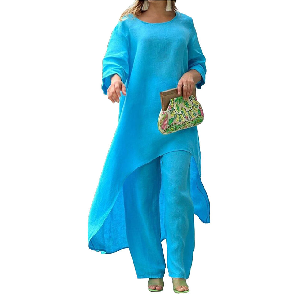 Miniatiūra: 2pcs/set Loose Solid Two Piece Sets Cotton Linen Straight Pants Ladies Suit