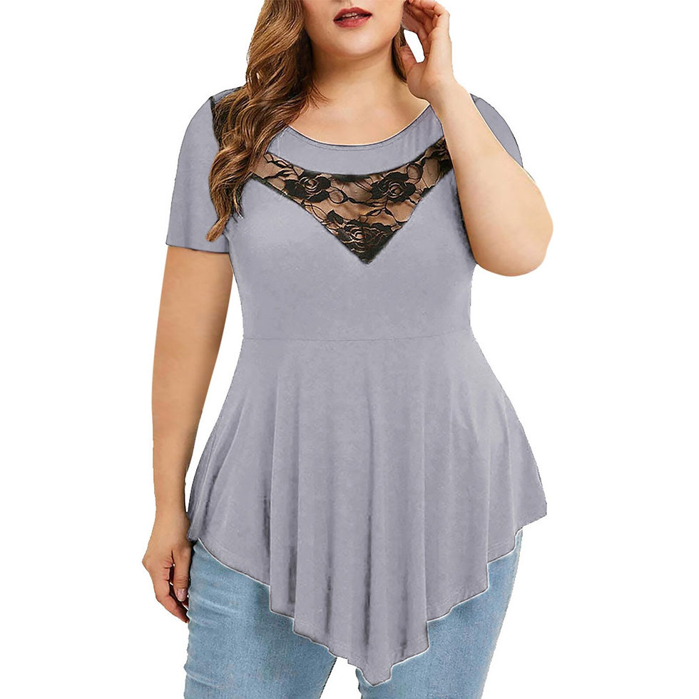 Thumbnail: Lace Gorgeous Plus Size Tops Women Solid Floral Lace O-neck Top Asymmetric Three
