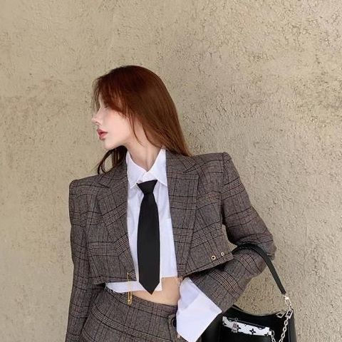 Thumbnail: Women Blazer Jacket Skirt Set Suit 2 Pieces Crop Top Plaid Elegant Chic Women