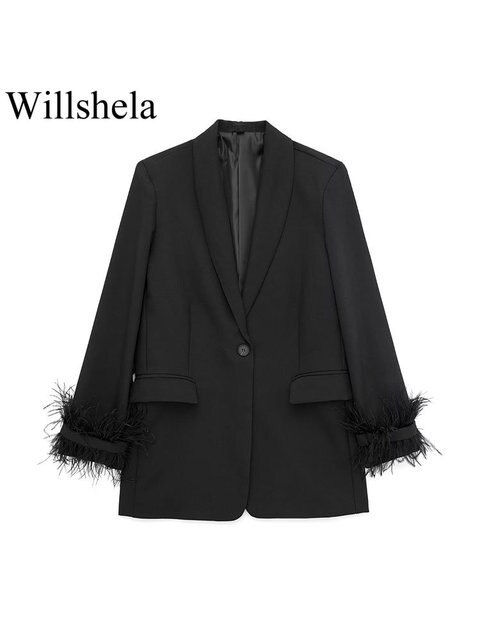 Willshela Women Fashion Satin Black With Feather Blazer Jacket Vintage