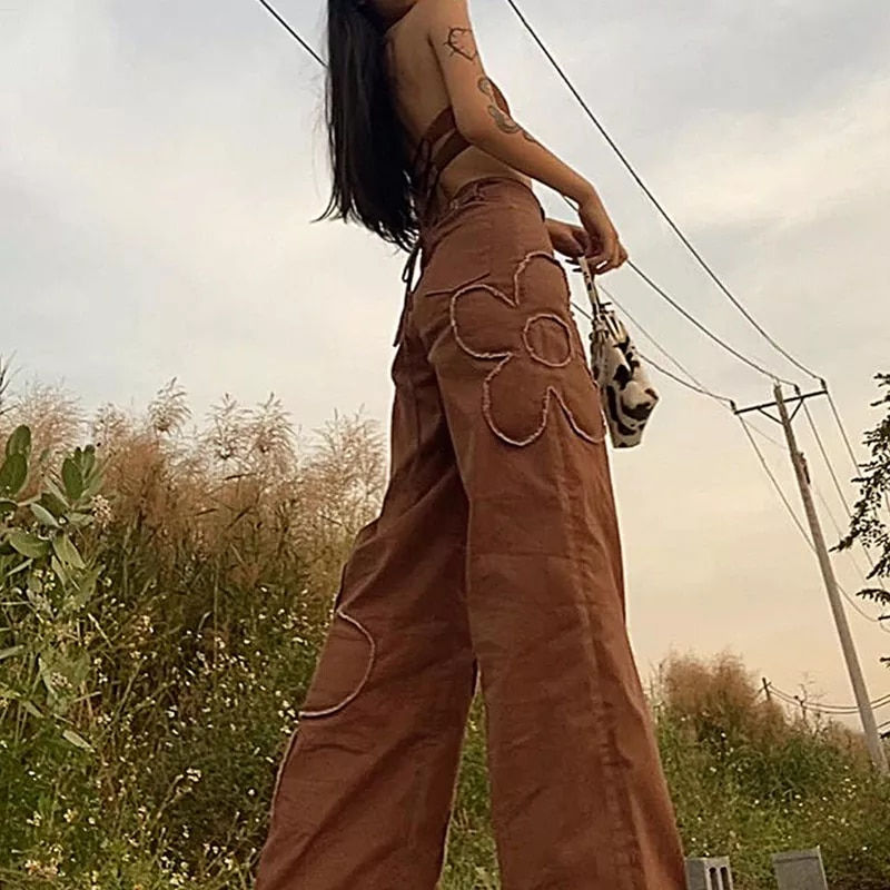 Thumbnail: Brown Floral Jeans Y2K Retro Denim Pants Baggy Straight Cargo Pants Women