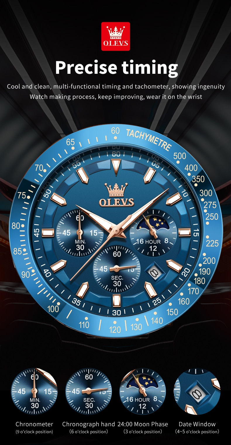 Thumbnail: OLEVS New Original Men's Quartz Watch Brown Leather strap Date Calendar