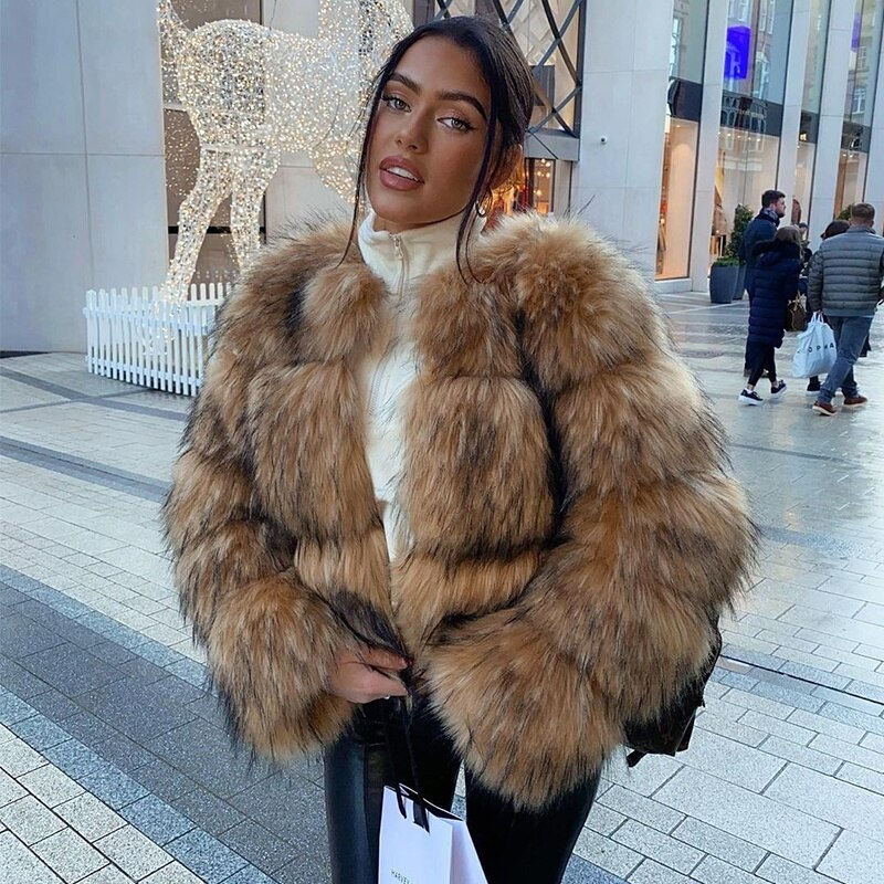 HJQJLJLS 2022 Winter Women Fashion Faux Raccoon Fur Coat Luxury Short Fluffy