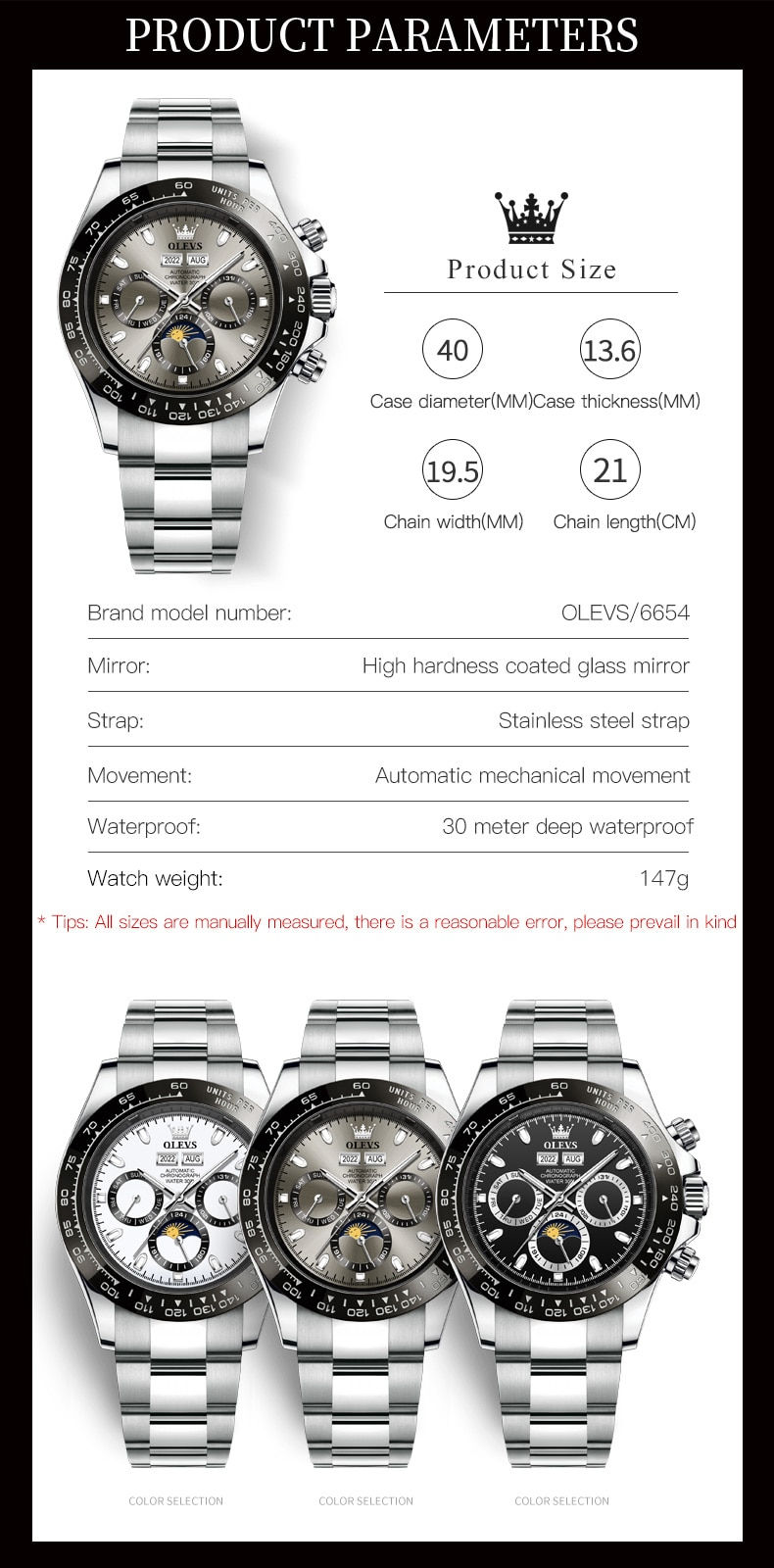 Thumbnail: OLEVS Automatic Watches Waterproof Stainless steel Luminous Month Phase