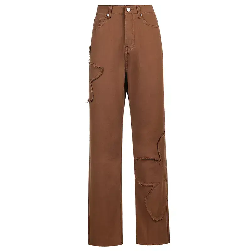 Thumbnail: Brown Floral Jeans Y2K Retro Denim Pants Baggy Straight Cargo Pants Women