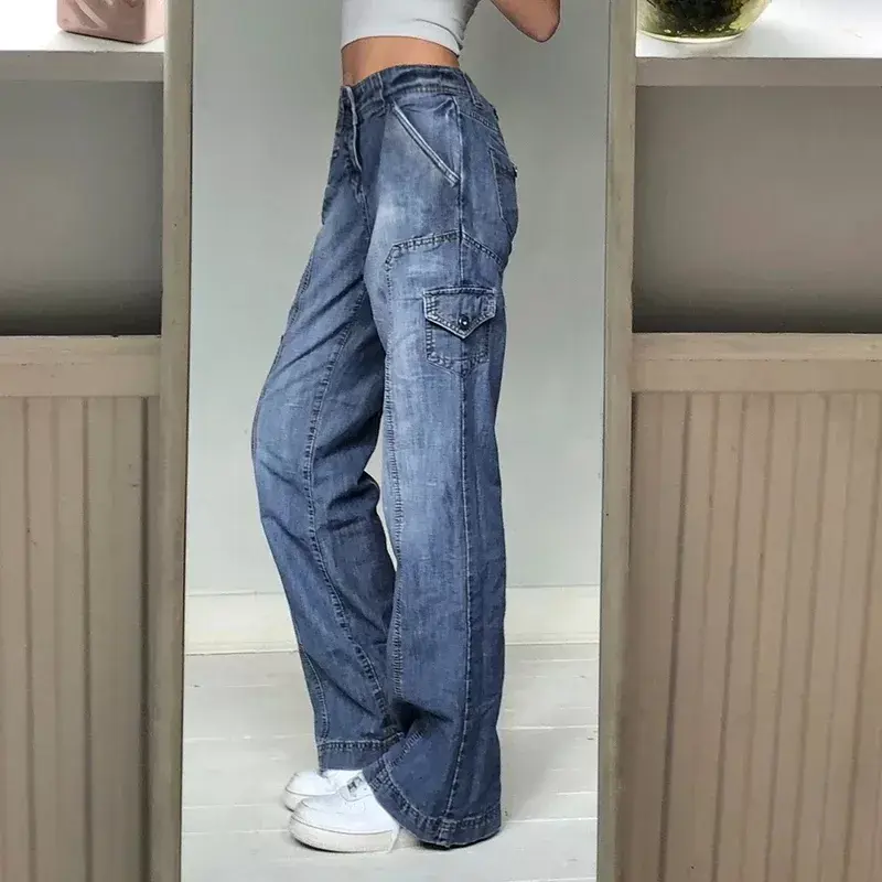 Pikkukuva: Low Waist Wide Leg Jeans Pockets Cargo Pants Women Aesthetic Denim Trousers