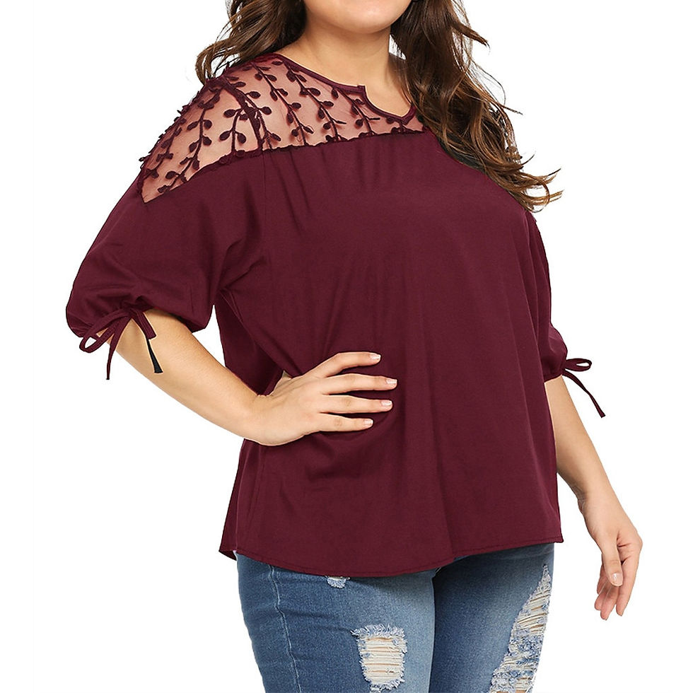 Thumbnail: Women Plue Size Blouses Tops Lace Mesh Sheer Chiffon Ribbons Lantern Half