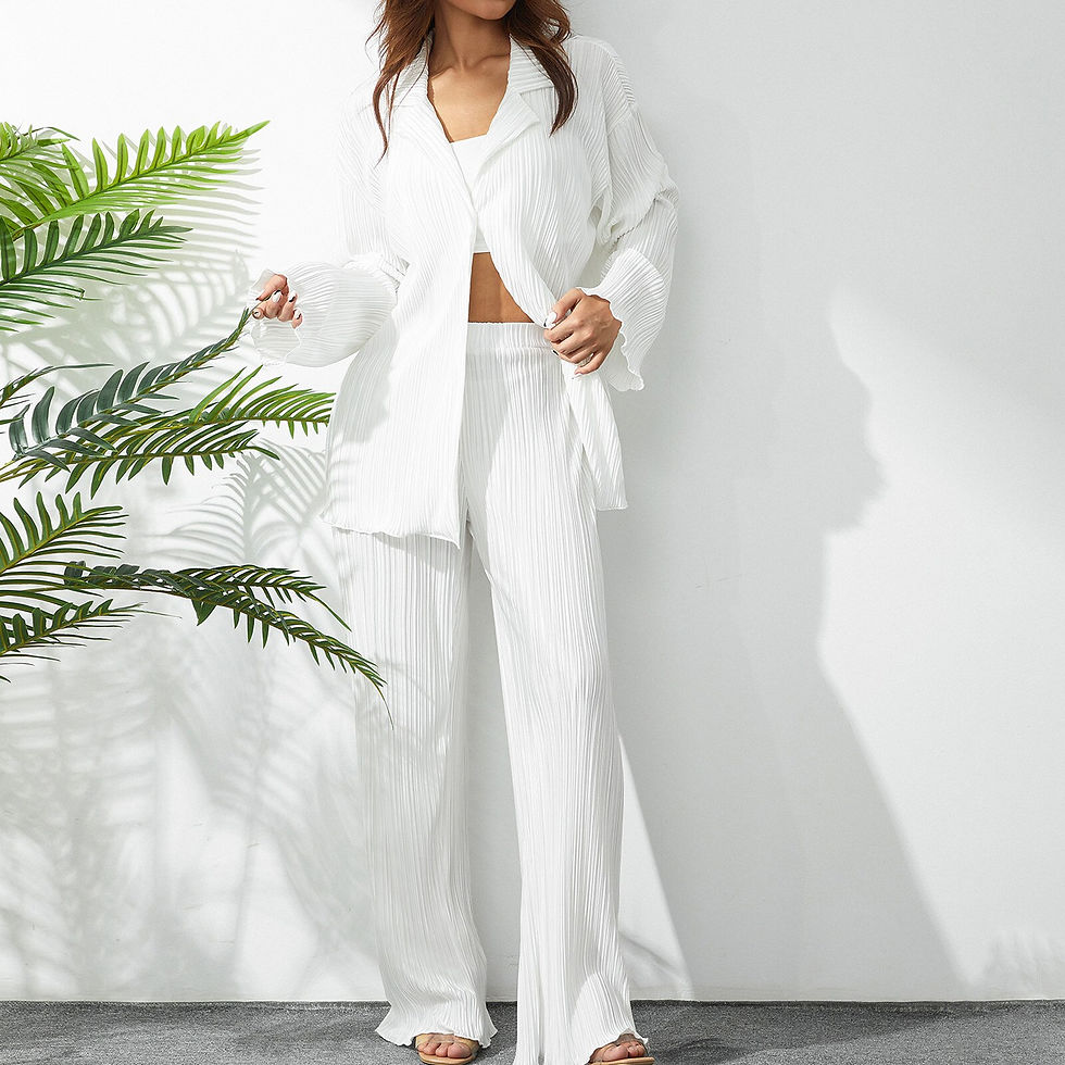 Thumbnail: 2pcs/set Elegant Tracksuit Set Solid Color Pleated Blouse Straight Leg Trousers