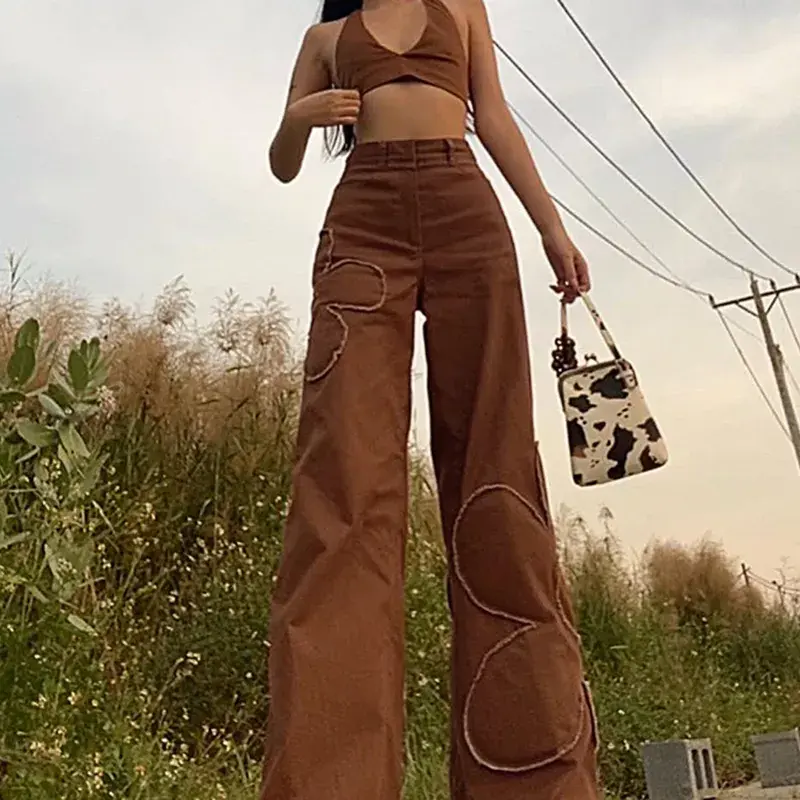 Thumbnail: Brown Floral Jeans Y2K Retro Denim Pants Baggy Straight Cargo Pants Women