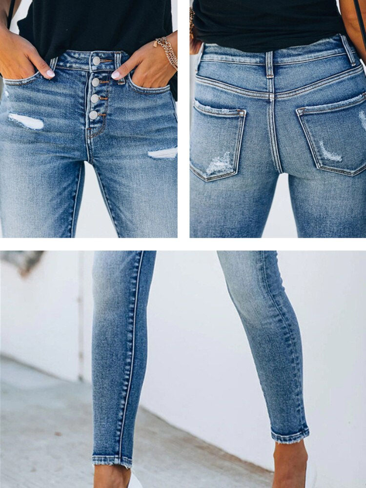 Thumbnail: 2022 New Denim Slim Fit Ripped High Elastic Women's Denim Trousers Skinny