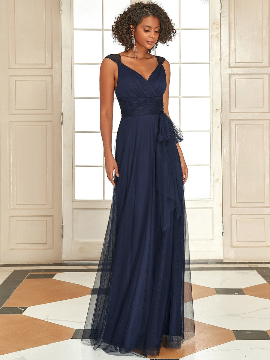 Thumbnail: Ever-Pretty Floor Length Double V Neck Tulle Bridesmaid Dresses