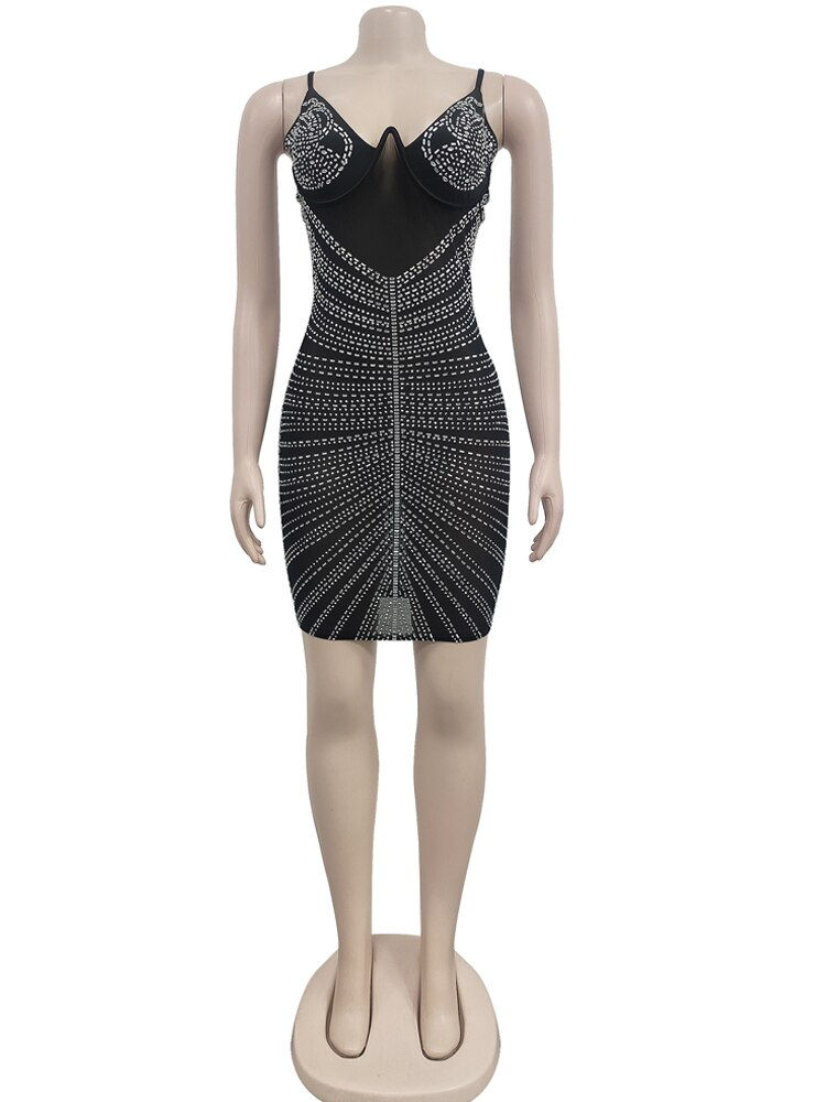 Thumbnail: Kricesseen Sparkle Rhinestone Sheer Mesh Underwire Mini Dress Chic Women
