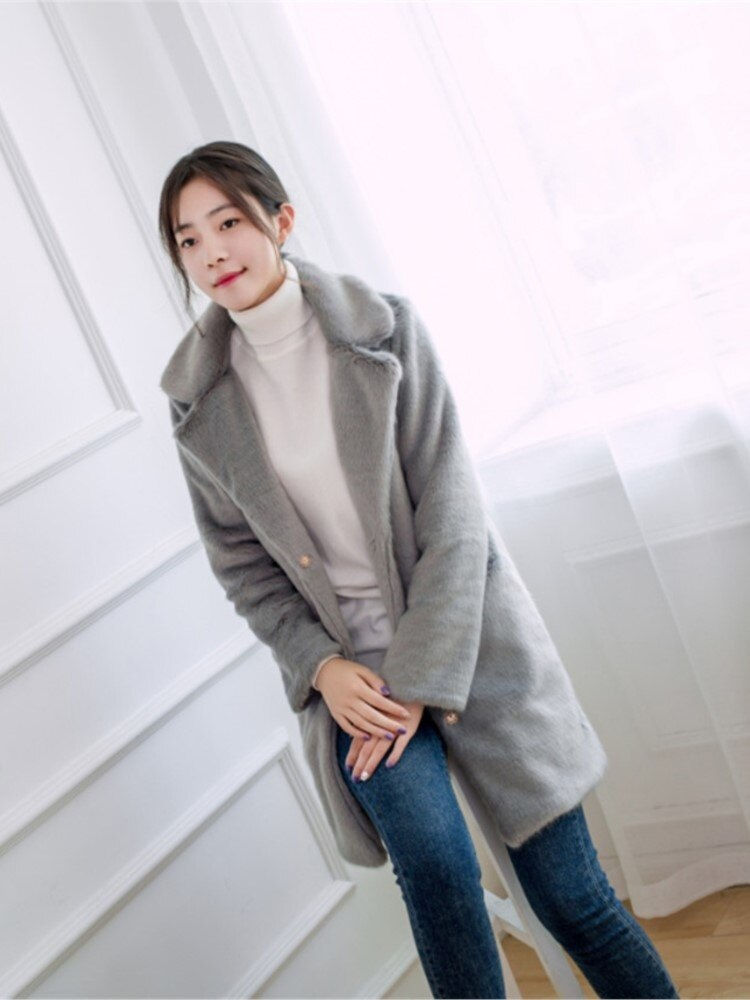 Imej kecil: HStar Women Mink Faux Fur Coat Solid Female Turn Down Collar Winter Warm