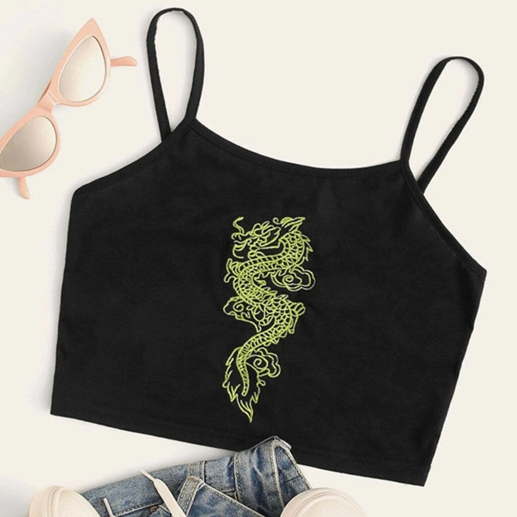Women y2k cropped top tank dragon pattern black camis top summer female