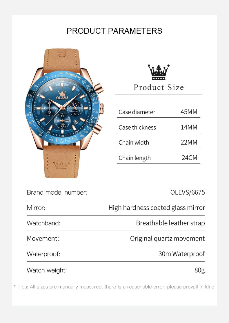 Thumbnail: OLEVS New Original Men's Quartz Watch Brown Leather strap Date Calendar