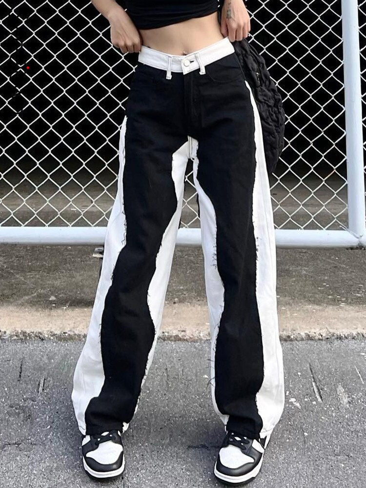 Thumbnail: Sweetown Contrast Patchwork Stitch Women Denim Cargos Pants Y2K Streetwear