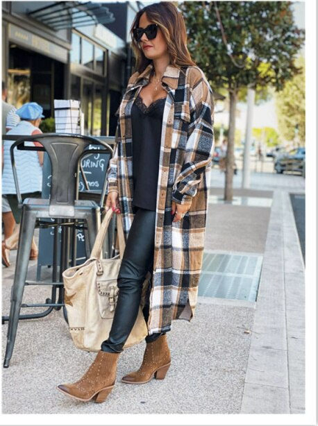 Thumbnail: Women's Fashion Long Plaid Coat Autumn Shirt Coat Woolen Coat Streetwear