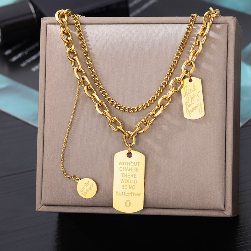 Thumbnail: Fashion Punk Double Layer Thick Clavicle Chain Stainless Steel Gold Color