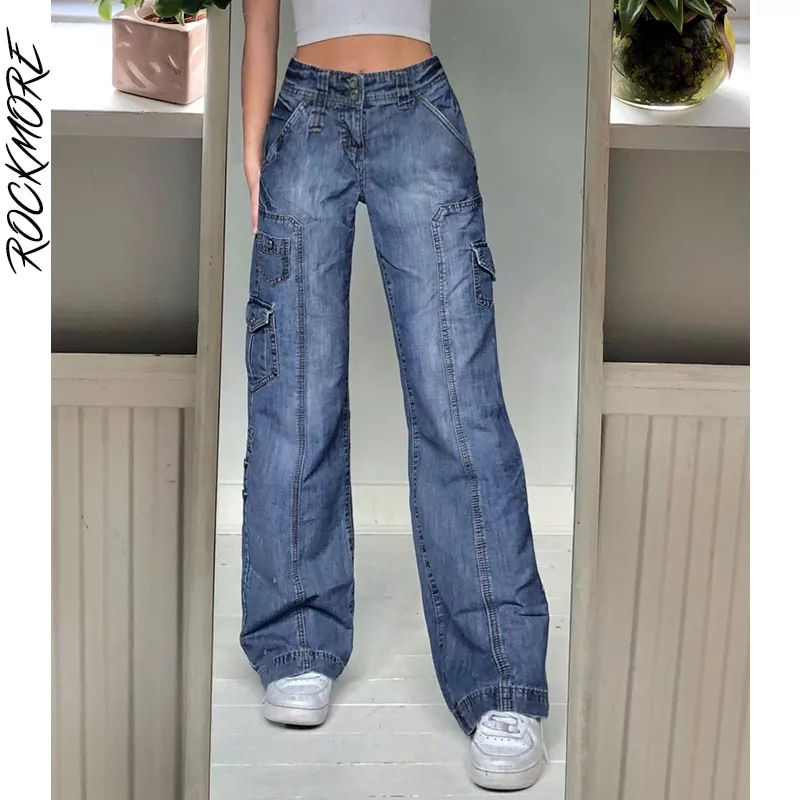Pikkukuva: Low Waist Wide Leg Jeans Pockets Cargo Pants Women Aesthetic Denim Trousers