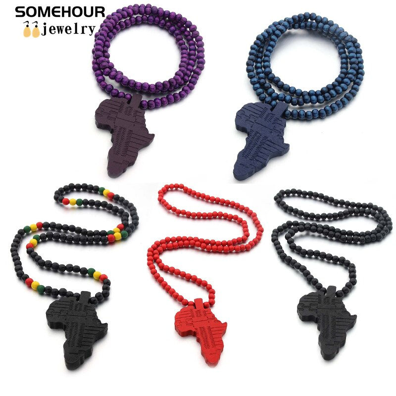 Thumbnail: SOMEHOUR Colorful African Motherland Map Pendant Wooden Beads Necklace