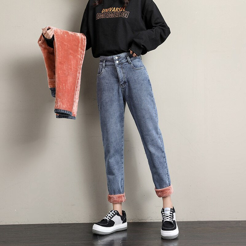Thumbnail: New Winter Women Fleece Jeans High Waist Velvet Thickening Keep Warm Loose