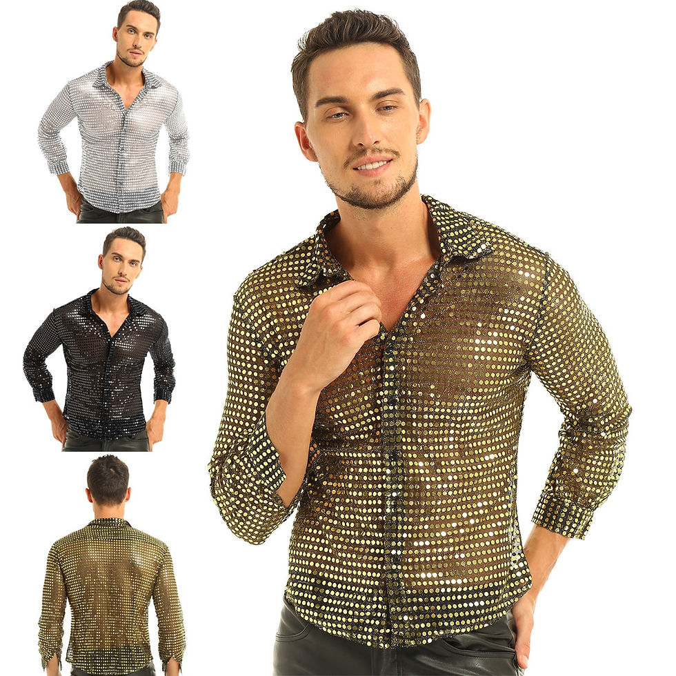 Thumbnail: Mens Tuxedo Shirts Shiny Sequins See Through Messed Long Sleeve Clubwear for