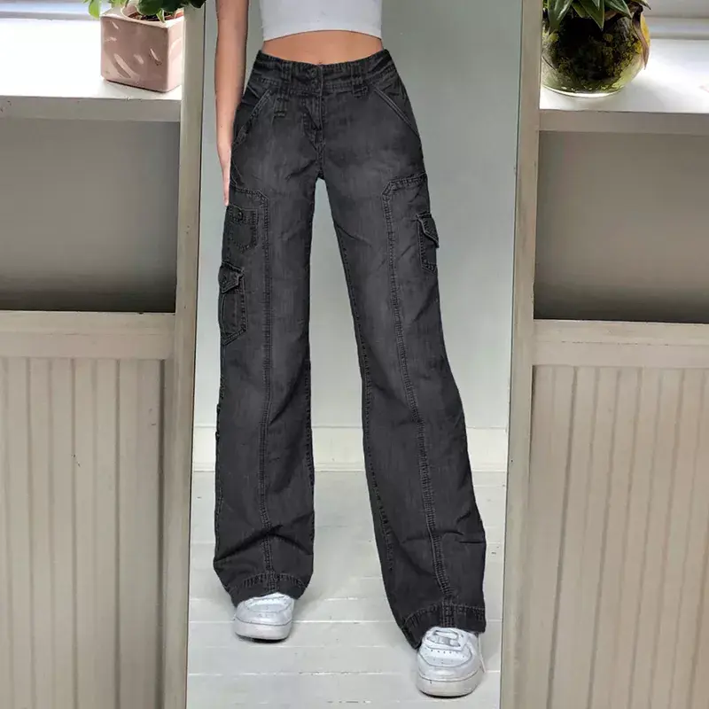 Pikkukuva: Low Waist Wide Leg Jeans Pockets Cargo Pants Women Aesthetic Denim Trousers
