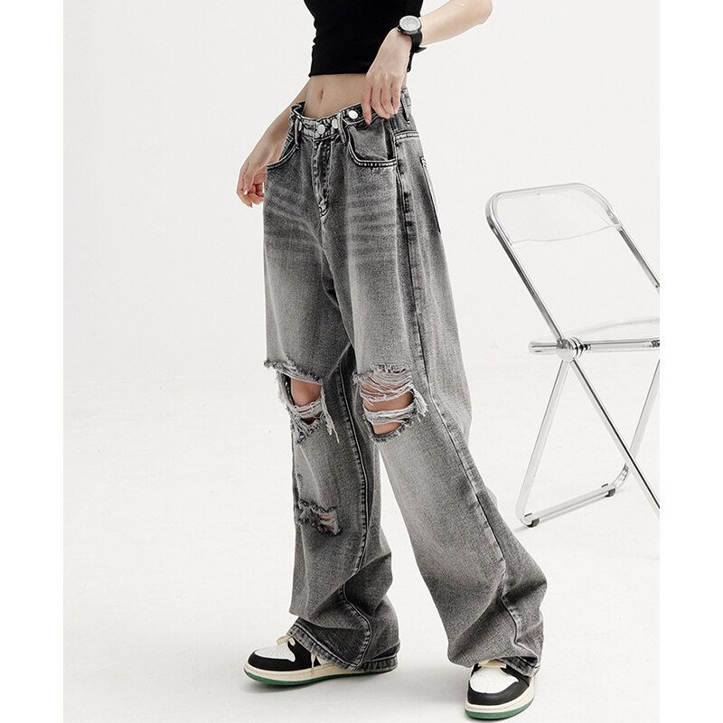 Thumbnail: 2022 Fashion Harajuku Women's Jeans Wide Leg Hip-hop Loose Casual Wash