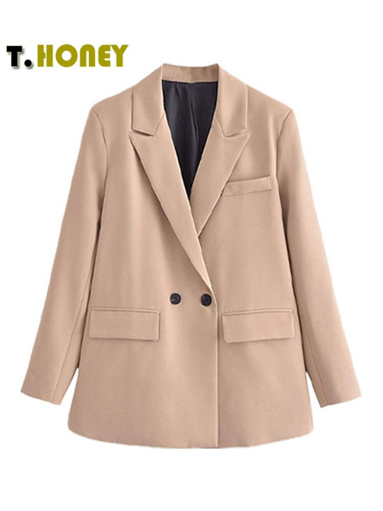 Thumbnail: TELLHONEY Women Fashion Solid Double Breasted Blazers Female Elegant Long