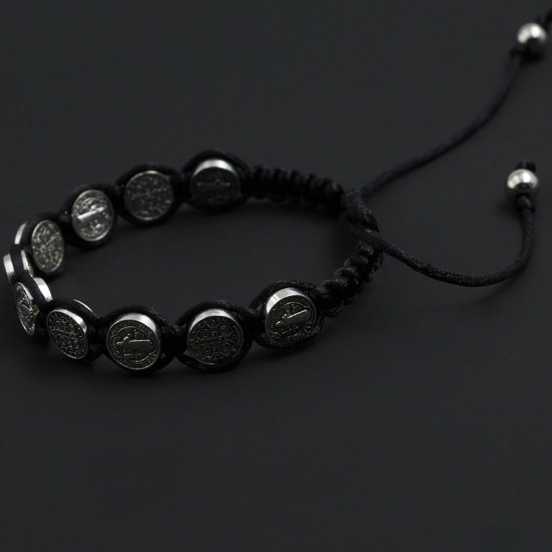 Thumbnail: Handmade St. Benedict Medal Bracelet Braided Rosary Coin Beaded Cross