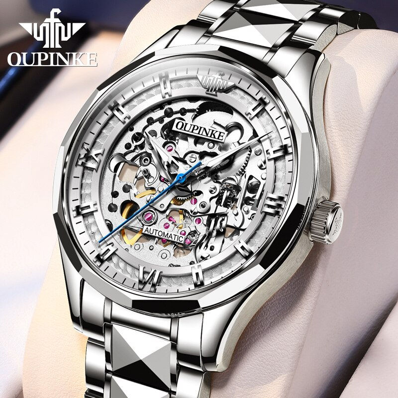 الصورة المصغرة: OUPINKE Japan Movement Automatic Watch for Men Tungsten Steel Skeleton