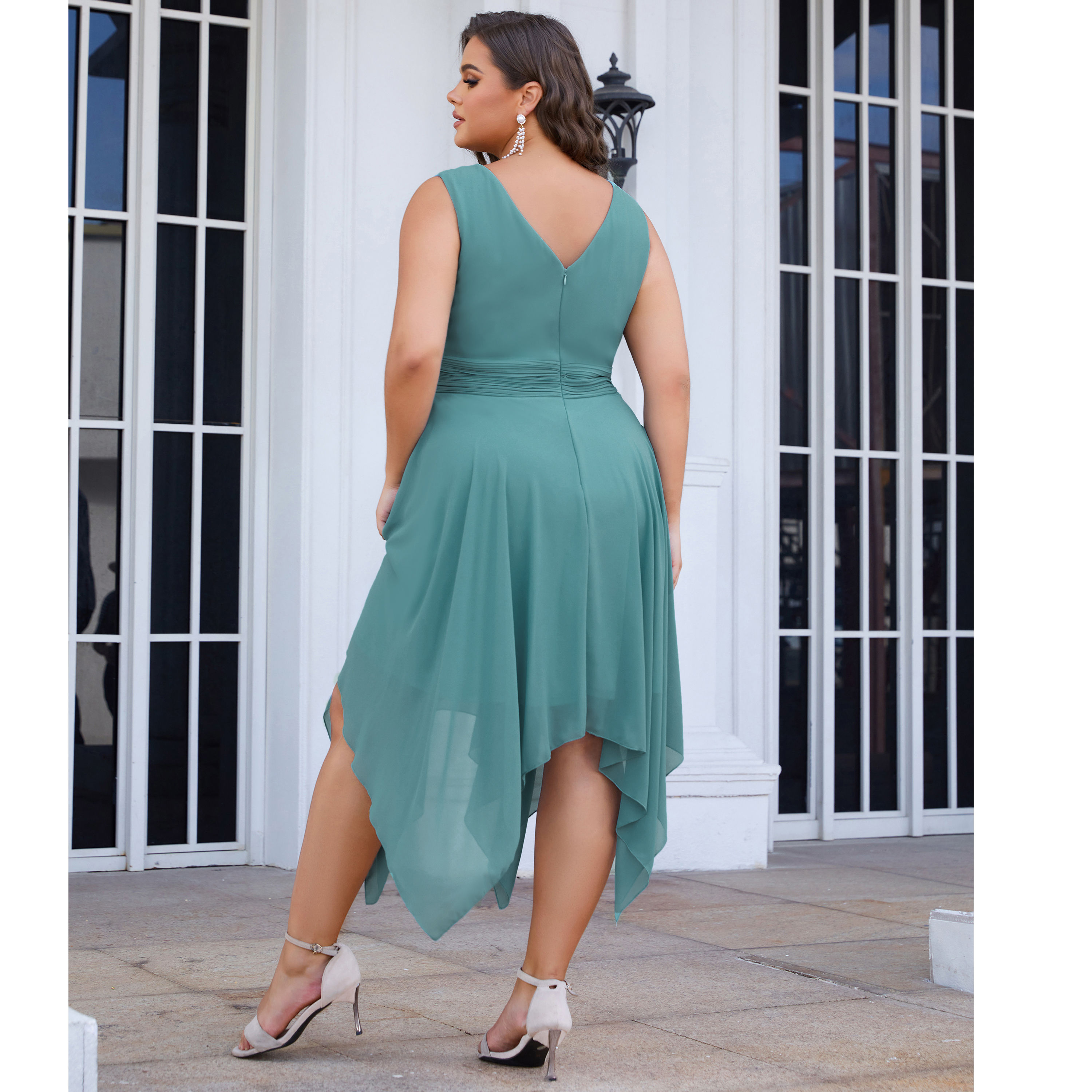 Ever-Pretty Chiffon Double V-Neck A Line Bridesmaid Dress with Asymmetrical Hem