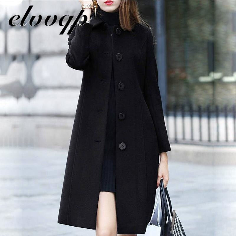 縮圖：2021 New Fashion British Solid Button Woolen Coat Women Long Sleeve Coats