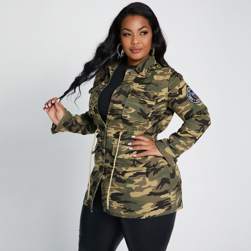 Thumbnail: New Plus Size Women's Jacket Fashion Rivet Patch Multi Pocket Drawstring Cool