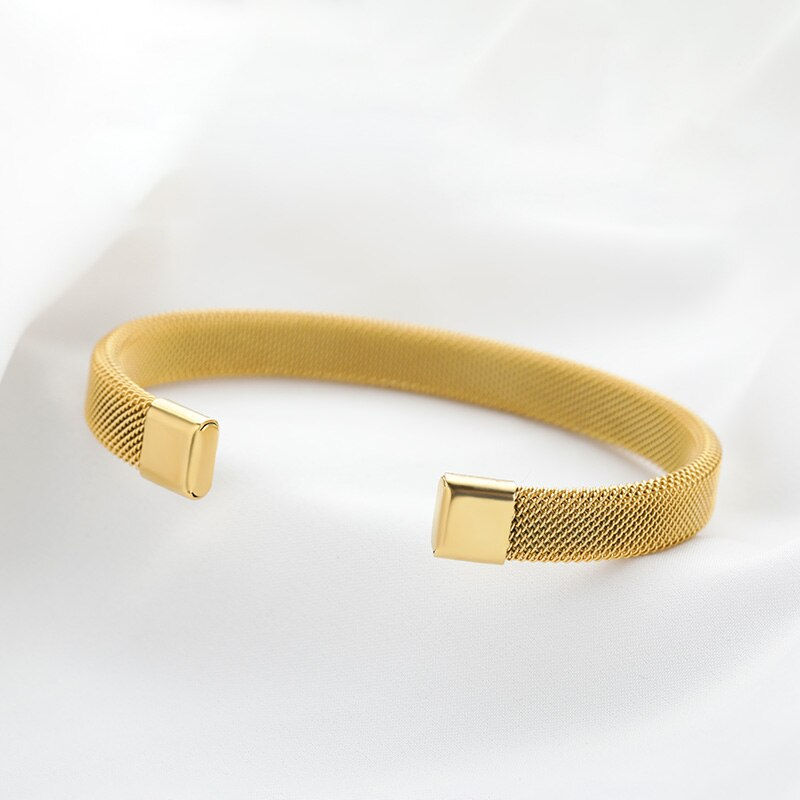 Thumbnail: Gold Color Mesh Bracelet For Women Men Stainless Steel Open Cuff Bangles