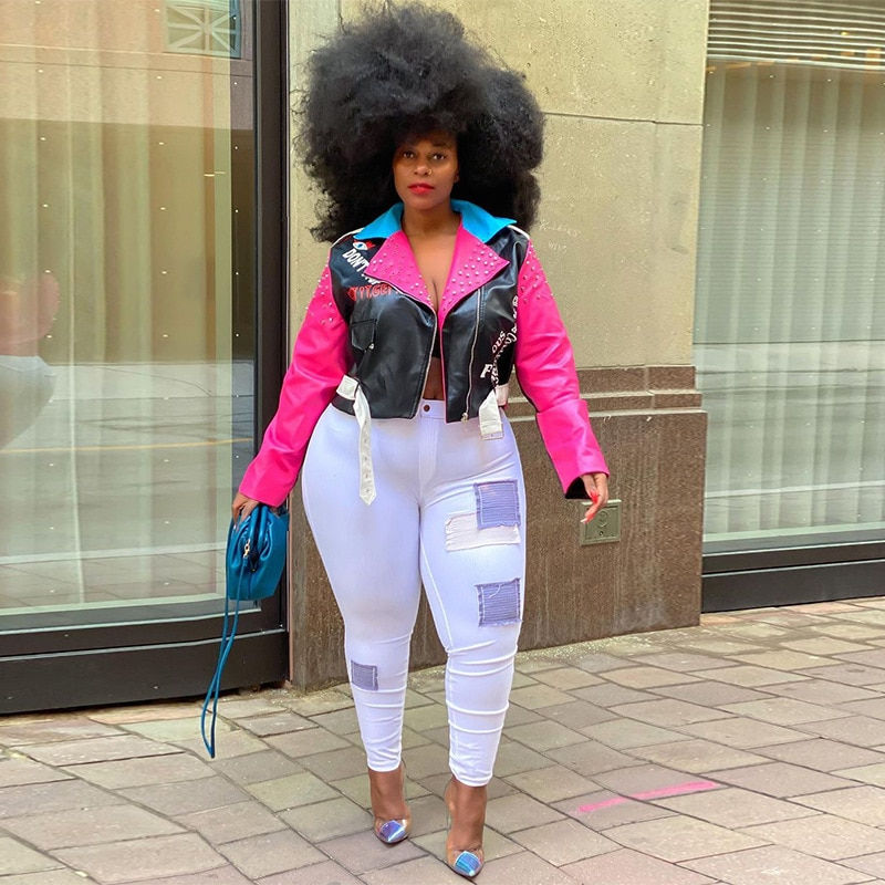 Thumbnail: Plus Size Women's Jacket Leather Clothing New Printing Contrast Color Zipper