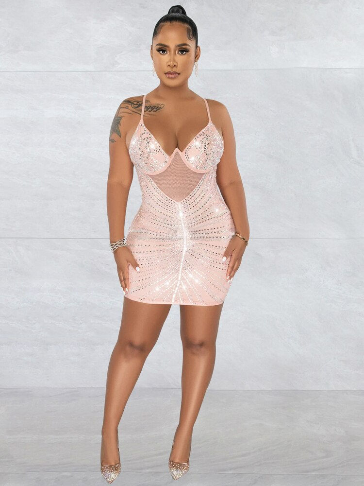 Thumbnail: Kricesseen Sparkle Rhinestone Sheer Mesh Underwire Mini Dress Chic Women