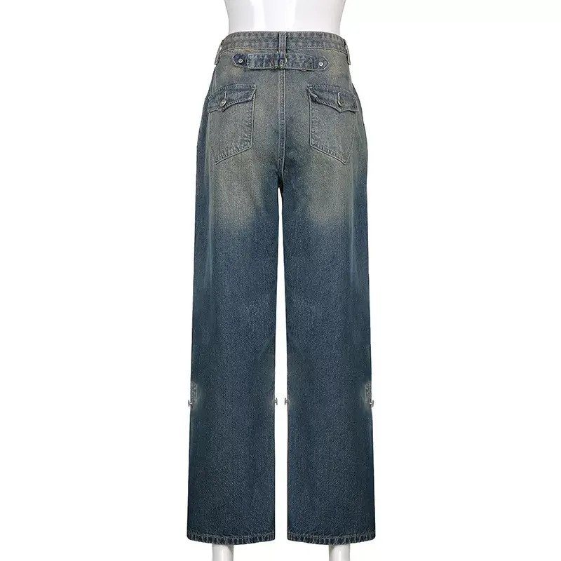 Thumbnail: Baggy Mom Jeans Patchwork Pockets Streetwear Cargo Pants Woman High Waist