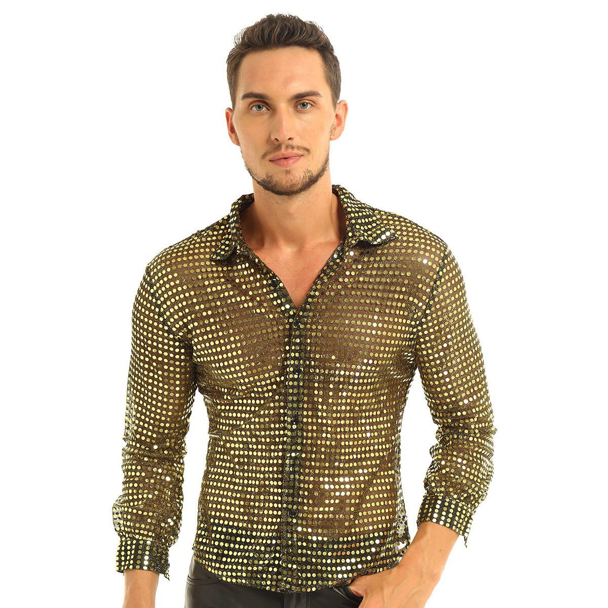 Mens Tuxedo Shirts Shiny Sequins See Through Messed Long Sleeve Clubwear for