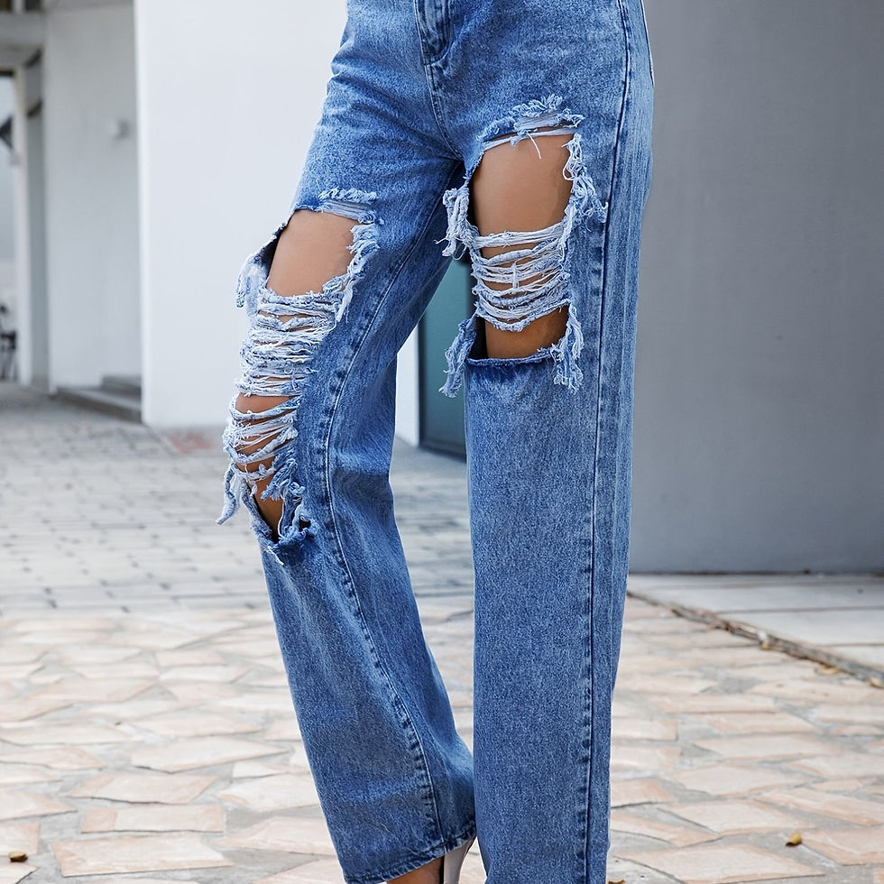 Miniatyrbild: FIGOHR Ripped Straight Leg Loose Fit Jeans, High Rise Wide Legs Distressed