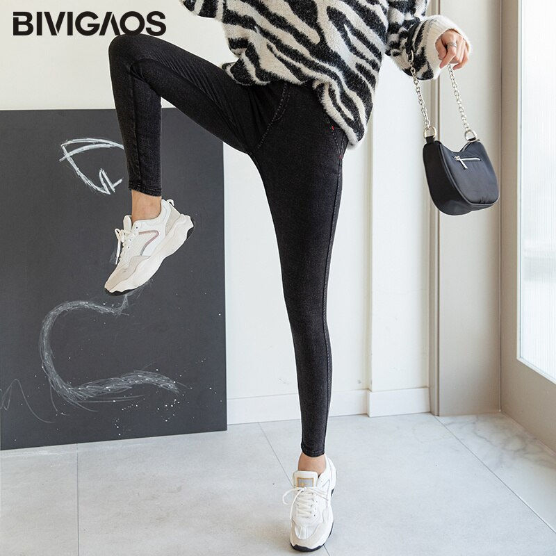 Thumbnail: BIVIGAOS Women Jeans Pencil Pants Sand Washed Stretch Jeans Leggings