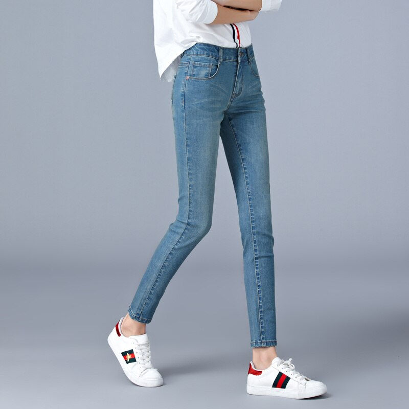 Thumbnail: Jeans for woman high waist full Length skinny pencil black blue Denim pants 100