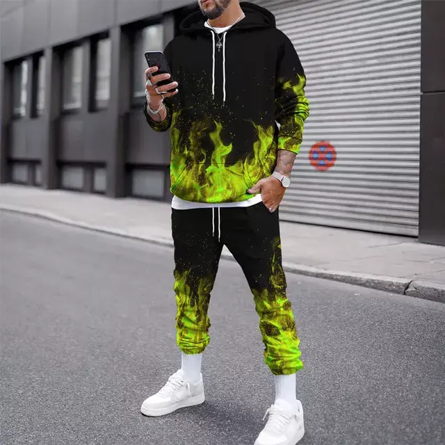 Thumbnail: Flame Print Set Tracksuit 2021 New Winter Autumn Casual Long Sleeve Hoodie