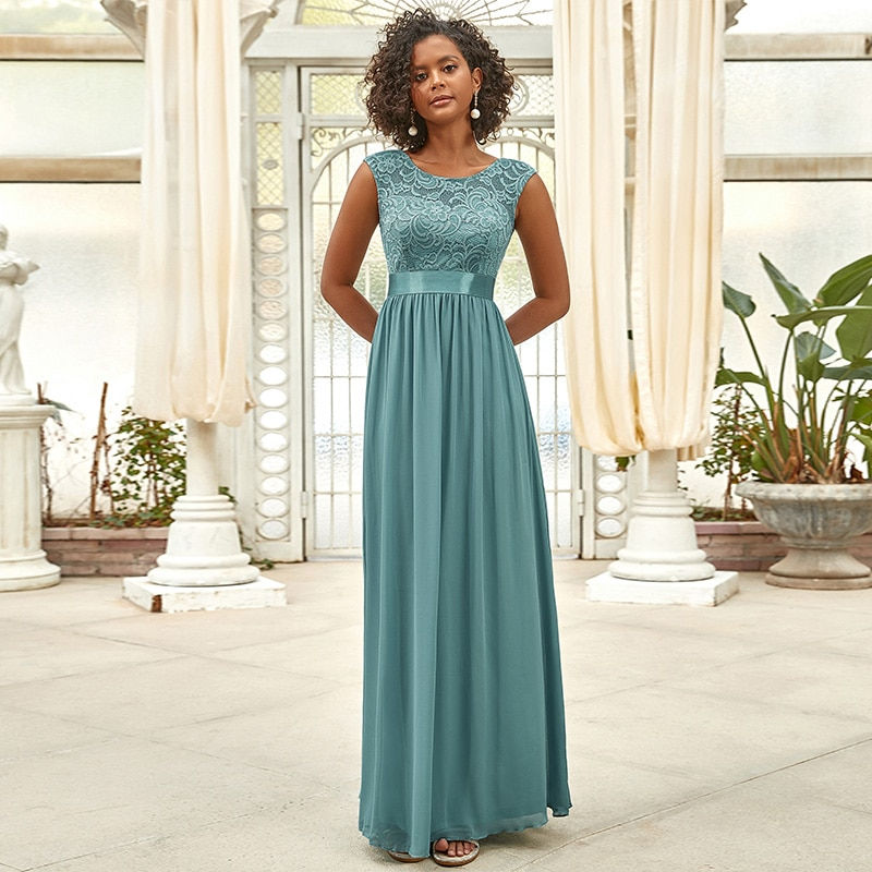 Thumbnail: Ever-Pretty Classic Round Neck Backless Lace Bodice Bridesmaid Dress