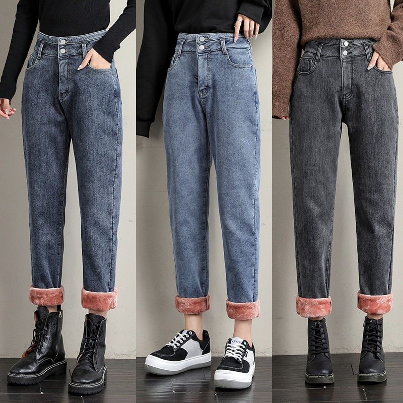 Thumbnail: New Winter Women Fleece Jeans High Waist Velvet Thickening Keep Warm Loose