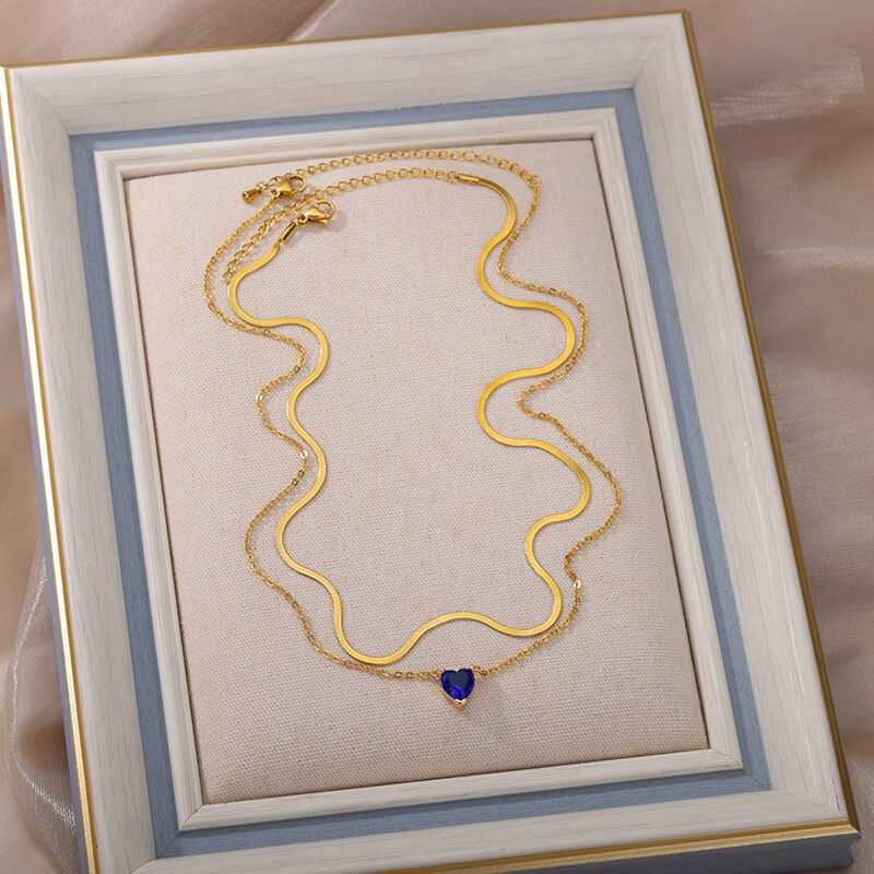 Hình thu nhỏ: Multilayer Transparent Blue Love Heart Zircon Pendant Stacked Chain Necklace